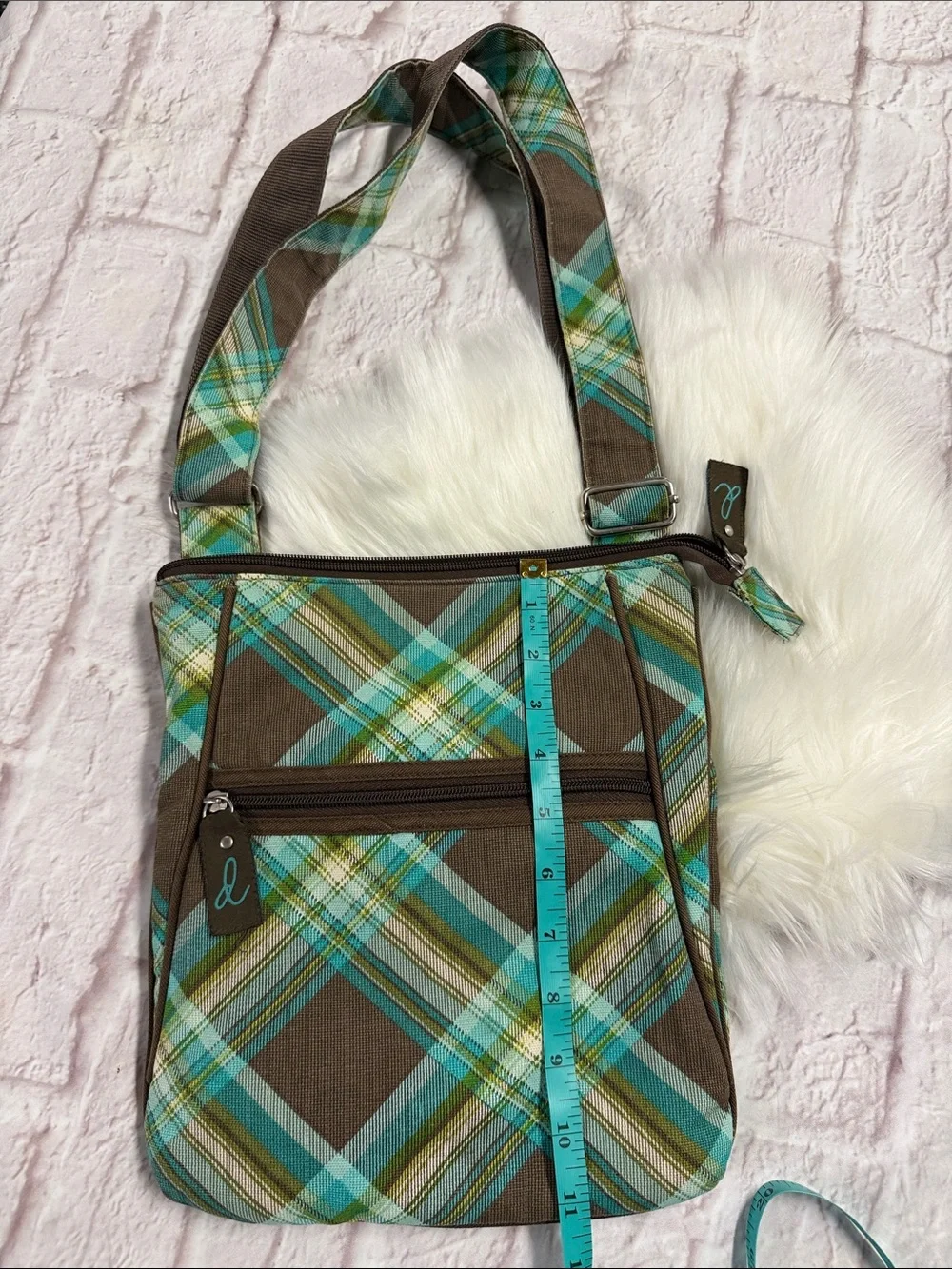 Thirty-one Brown Plaid Crossbody with Teal and Brown Accents